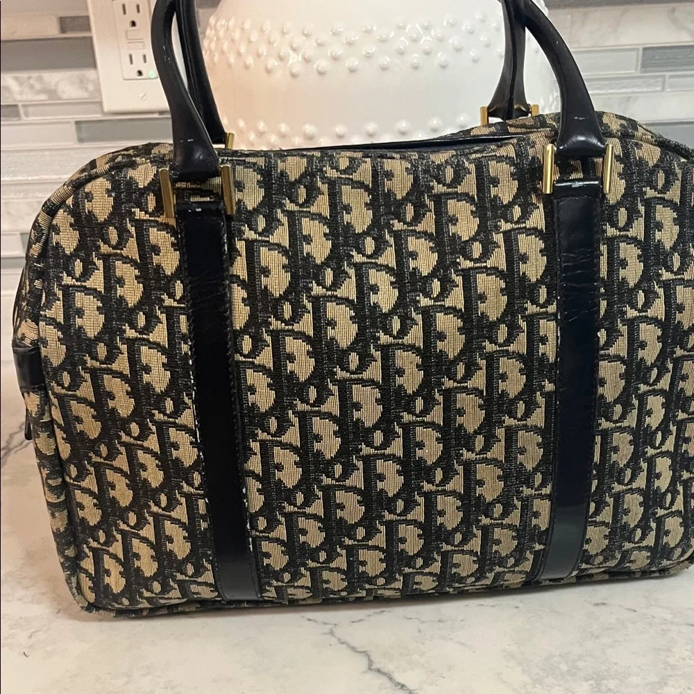 Dior Beige and Navy Monogram Satchel with Gold Hardware